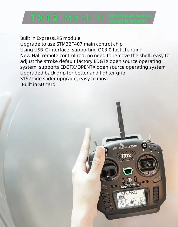 RadioMaster TX12 Mark II 2.4GHz 16CH FPV Radio Transmitter – ELRS / CC2500 Dual Protocol Option with EdgeTX & Hall Gimbals