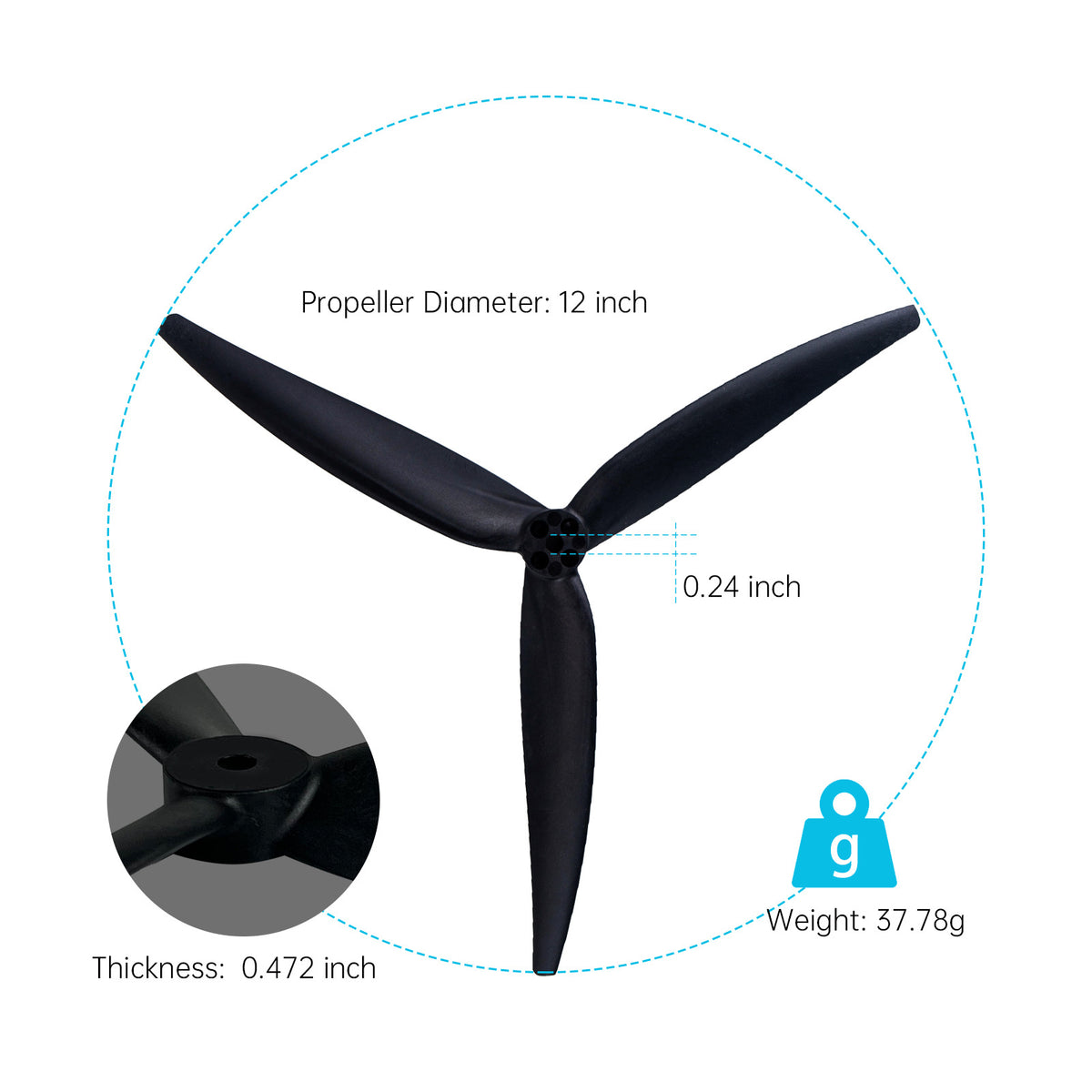 1207 12x7x3 Tri-Blade 12-Inch FPV Propeller Set – Fiberglass/Nylon Composite, High-Lift for Heavy-Lift RC Drones, 2CW+2CCW, Black (4Pcs)