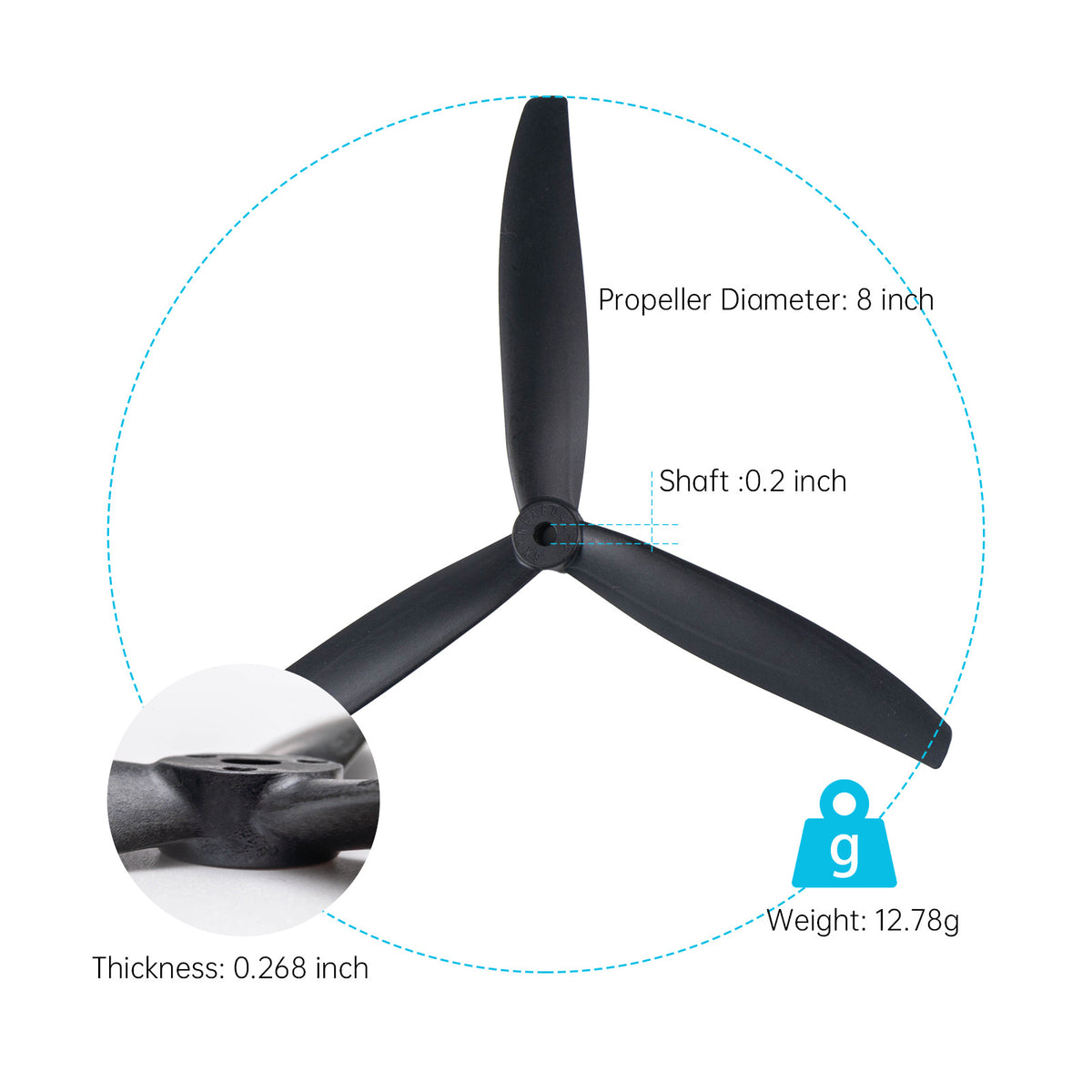 8040 8x4x3 Tri-Blade 8-Inch FPV Propeller Set, Long-Range & Freestyle Compatible, 2CW+2CCW Black (4Pcs)